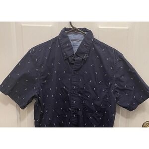 IZOD Saltwater‎ Shirt Men's S Blue Anchor Print Button Down Short Sleeve Beach